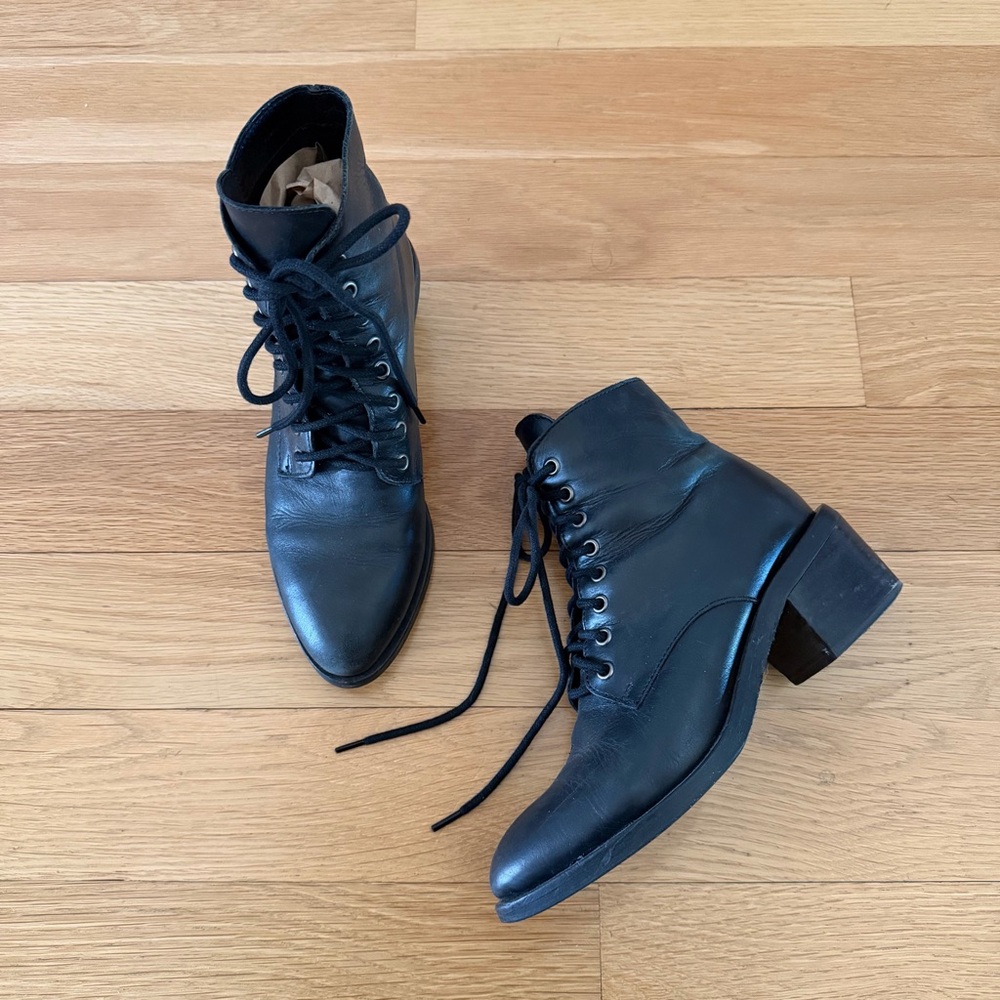 Black Leather Lace Up Ankle Boots